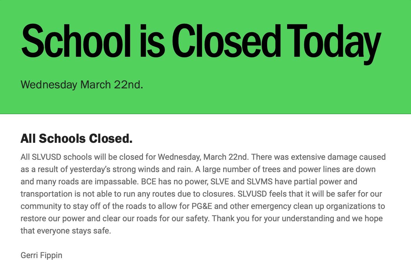 School Closed Today 3/22/23